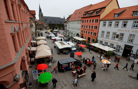 A general view shows a central square where Arne Lietz, candidate of the Social Democratic Party (SPD) for the upcoming European Parliament elections is campaigning in Quedlinburg, Germany, May 4, 2019. Picture taken May 4, 2019. REUTERS/Fabrizio Bensch