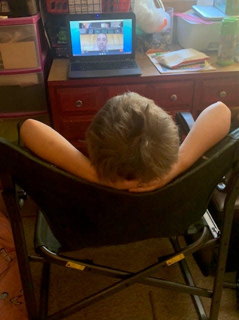 Richard Barnier, an Essex 2nd grader at Hiawatha Elementary, during his first at-home quarantine due to exposure to COVID-19 in school during the fall 2021 semester. The more transmissible delta variant has sent many students home for learning this school year. Mom, Katina Barnier, would like to see schools require masking outdoors while at school.