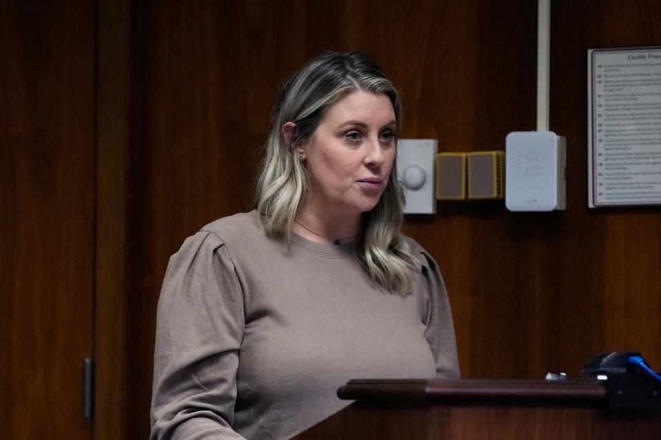 Nicole Beausoleil, mother of Madisyn Baldwin, gives a victim impact statement, Friday, Dec. 8, 2023, in Pontiac, Mich. Parents of students killed at Michigan's Oxford High School described the anguish of losing their children Friday as a judge considered whether Ethan Crumbley, a teenager, will serve a life sentence for a mass shooting in 2021.