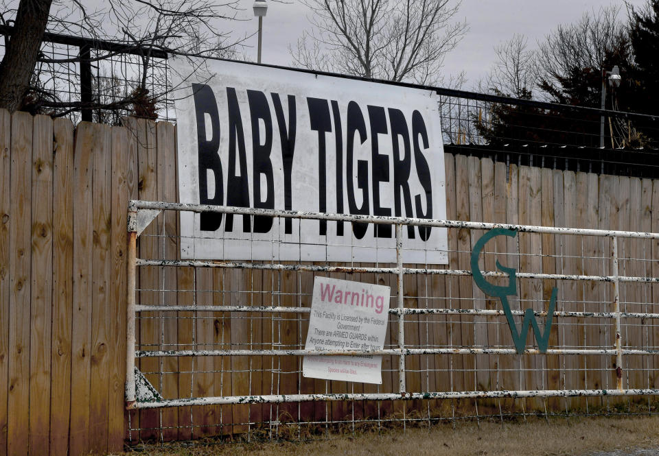 A sign advertising baby tigers at the entrance of the Greater Wynnewood Exotic Animal Park on Feb. 9, 2019. (Photo: Michael S. Williamson/The Washington Post via Getty Images)