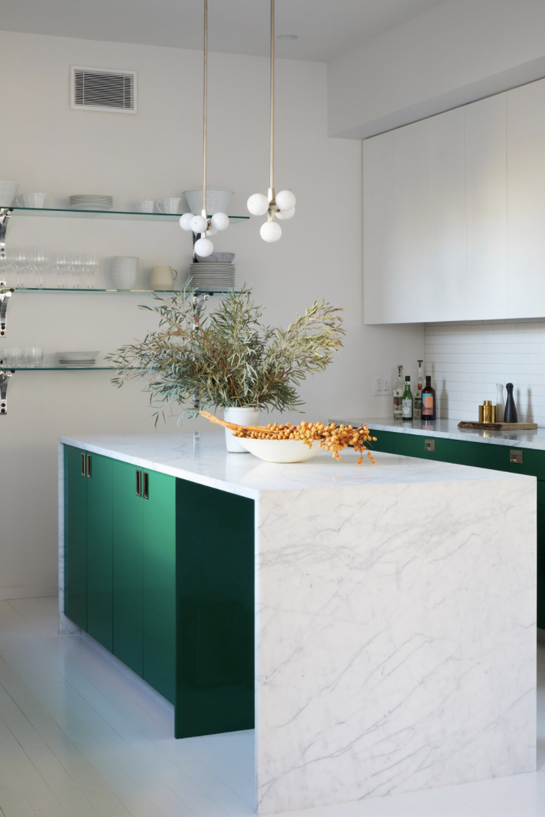 9) Waterfall Countertop + Bold Green Cabinetry