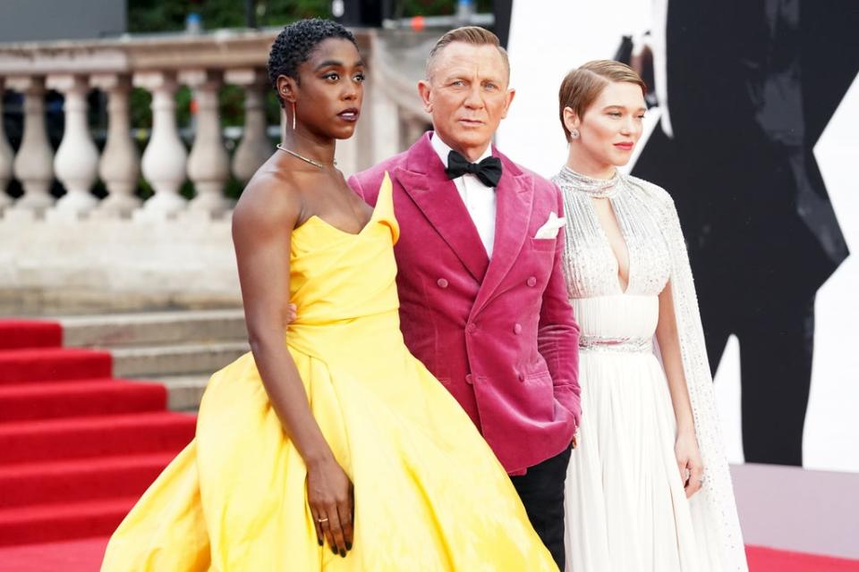 Lashana Lynch, Daniel Craig and Lea Seydoux at the world premiere of No Time To Die at the Royal Albert Hall in London (Jonathan Brady/PA) (PA Wire)