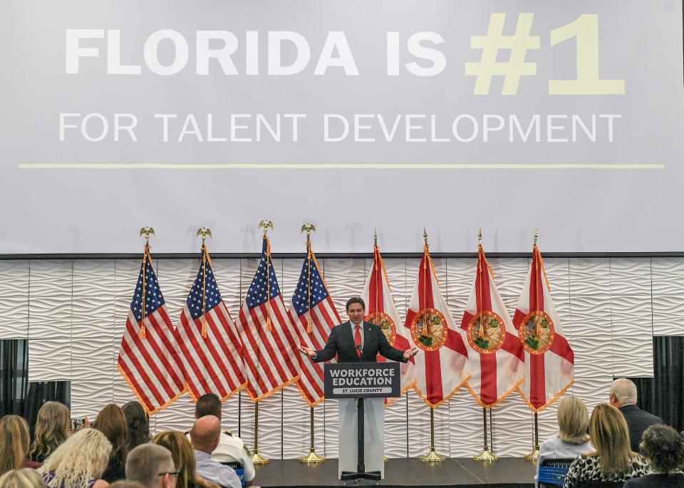 Florida Gov. Ron DeSantis speaks to an audience of about 100 during his visit to Indian River State College's Eastman Advanced Workforce Training Complex on Wednesday, Feb. 7, 2024, in Fort Pierce. Gov. He awarded $4 million through a job growth grant fund to the school for its workforce education program, specifically for a new center for ballistics and emerging technology.