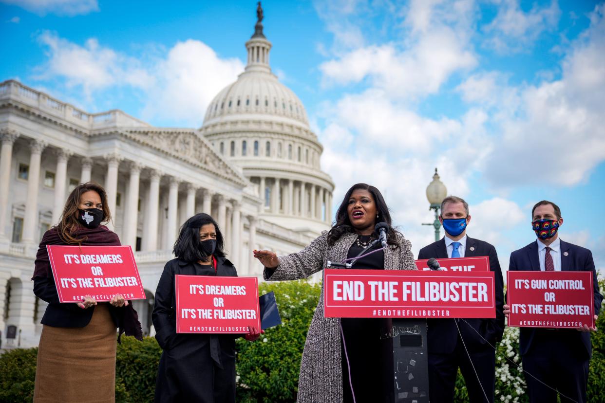 Rep. Cori Bush (D-Mo.) speaks during a news conference to advocate for ending the Senate filibuster, outside the U.S. Capitol on April 22. (Photo: Drew Angerer via Getty Images)