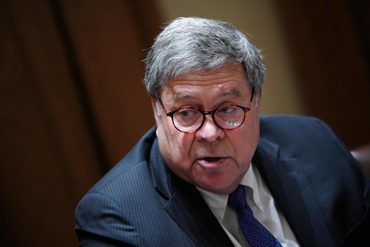 (FILES) In this file photo taken on September 23, 2020, US Attorney General William Barr speaks during a discussion with state attorneys general on protection from social media abuses in the Cabinet Room of the White House in Washington, DC. - Barr said on December 1, 2020, that the Justice Department has found no evidence of voter fraud significant enough to reverse Democrat Joe Biden's defeat of President Donald Trump in the November 3 election. (Photo by MANDEL NGAN / AFP) (Photo by MANDEL NGAN/AFP via Getty Images) (AFP via Getty Images)