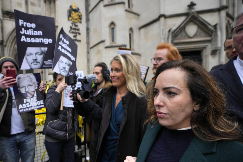 Stella Assange wife, right, of Julian Assange arrives at the Royal Courts of Justice in London, Tuesday, Feb. 20, 2024. WikiLeaks founder Julian Assange will make his final appeal against his impending extradition to the United States at the court. (AP Photo/Kirsty Wigglesworth)