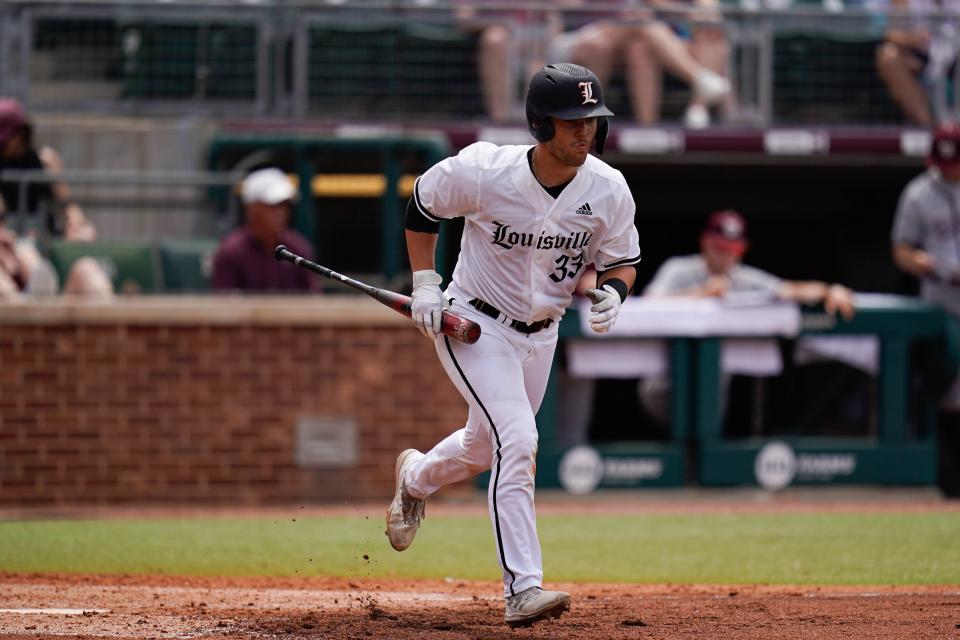 Jun 11, 2022; College Station, TX, USA;  Louisville Cardinals catcher Jack Payton (33) draws a walk against the Texas A&M Aggies in the third inning against. Mandatory Credit: Chris Jones-USA TODAY Sports