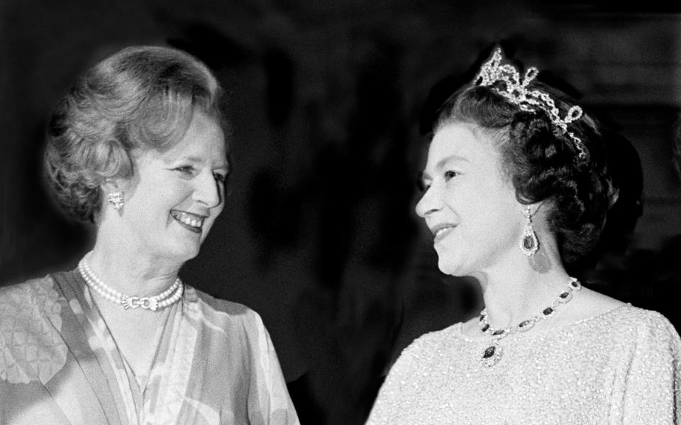 Before the storm: Mrs Thatcher and Her Majesty in October 1979, at a ball to celebrate the Commonwealth Heads of Government - Hulton Archive