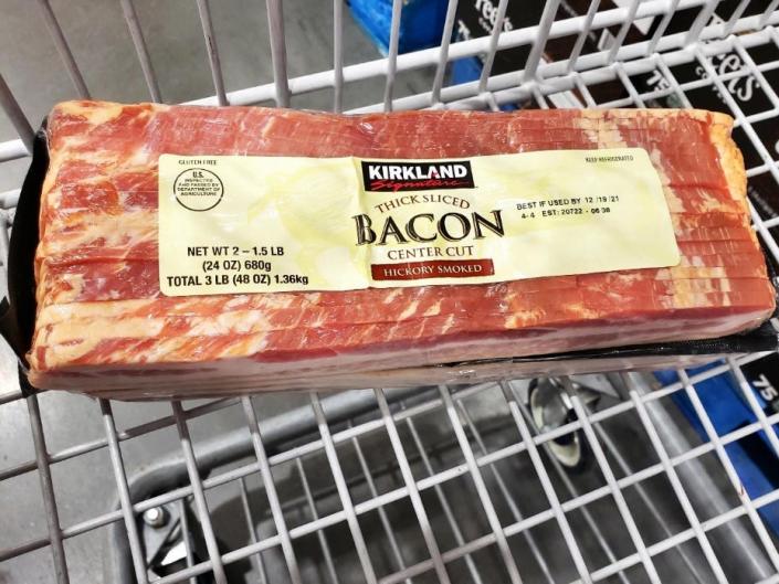 Costco thick sliced bacon in white cart