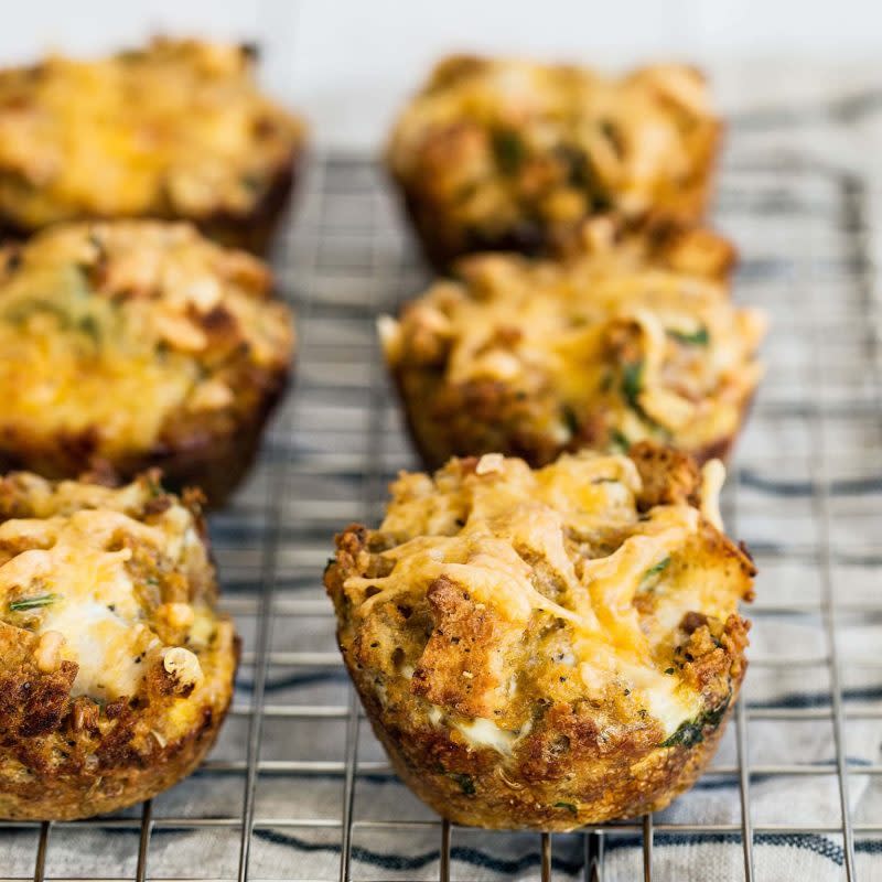 <p>Handle the Heat</p><p>Thanksgiving leftover stuffing muffins are made in minutes with leftover stuffing and turkey for a tasty breakfast or snack that you can dip in cranberry sauce or gravy!</p><p><strong>Get the recipe: <a href="https://handletheheat.com/leftover-stuffing-muffins/" rel="nofollow noopener" target="_blank" data-ylk="slk:Leftover Stuffing Muffins;elm:context_link;itc:0;sec:content-canvas" class="link rapid-noclick-resp">Leftover Stuffing Muffins</a></strong></p>