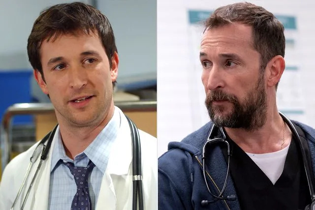 <p>Patrick Ecclesine/NBCU Photo Bank; MAX</p> Noah Wyle on 'ER'; Noah Wyle on 'The Pitt'