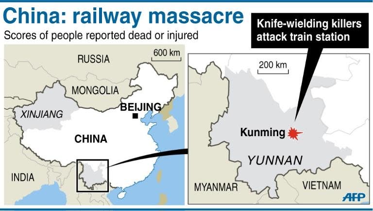 Map locating the city of Kunming, where more than 160 people were reported to have been killed in knife attacks