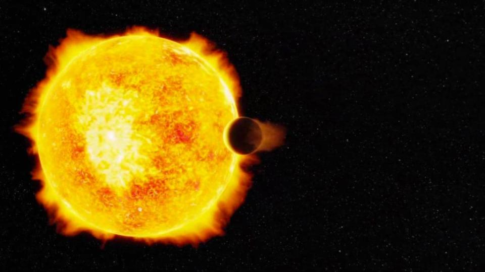 An artist's impression of the ultrahot Neptune LTT 9779b and its parent star, LTT 9779.