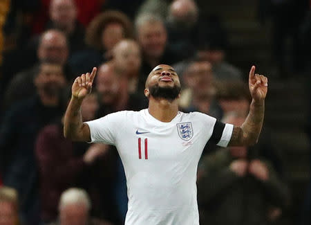 Soccer Football - Euro 2020 Qualifier - Group A - England v Czech Republic - Wembley Stadium, London, Britain - March 22, 2019 England's Raheem Sterling celebrates scoring their fourth goal to complete his hat-trick REUTERS/Hannah McKay