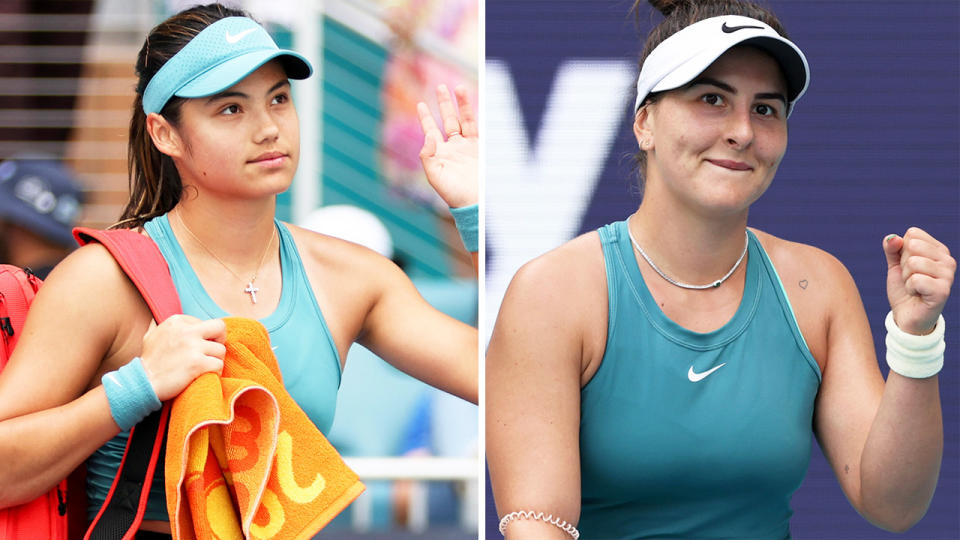 Emma Raducanu (pictured) suffered a tough defeat in the first round to Bianca Andreescu (pictured right) at the Miami Open. (Getty Images)