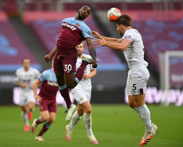 James Tarkowski, right, in action for Burnley against West Ham last season