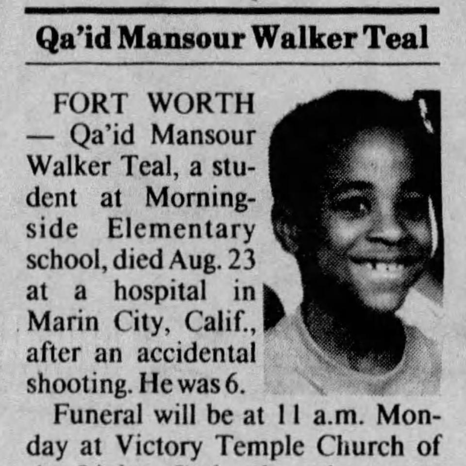 Funeral notice for the child shot dead by a stray bullet fired from a handgun Tupac drew during a brawl. Fort Worth Star-Telegram, 1992.