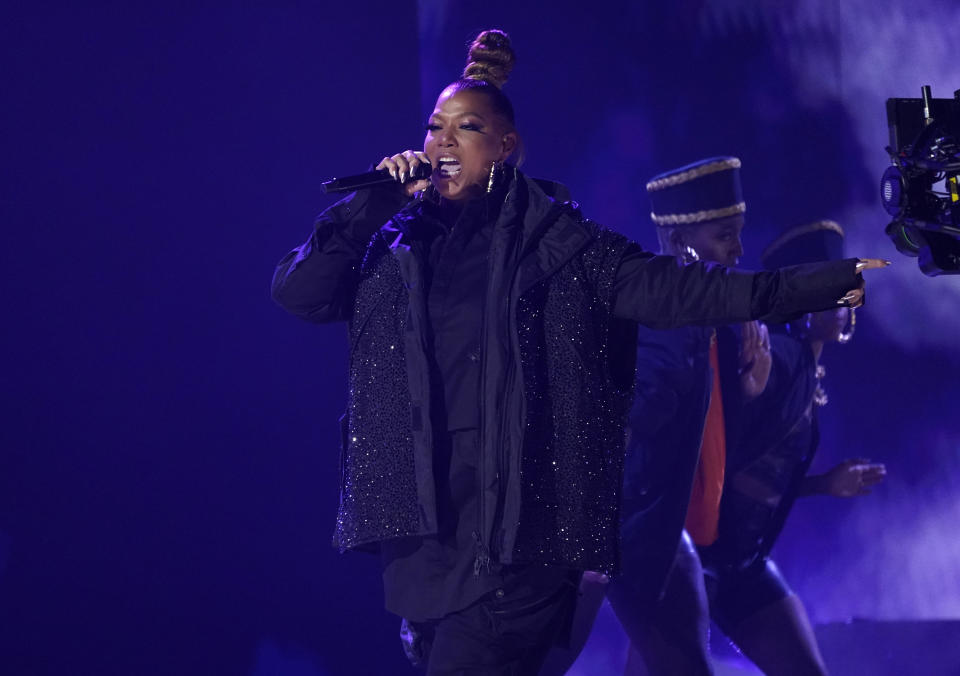 Queen Latifah performs "U.N.I.T.Y." at the 65th annual Grammy Awards on Sunday, Feb. 5, 2023, in Los Angeles. (AP Photo/Chris Pizzello)