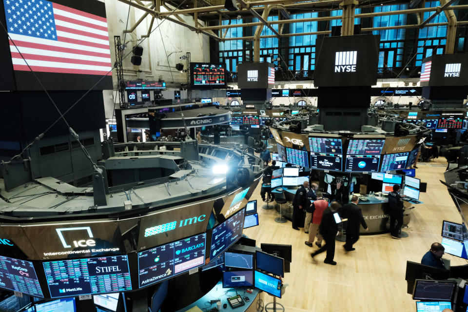 NEW YORK, NEW YORK - MARCH 20: Traders work on the floor of the New York Stock Exchange (NYSE) on March 20, 2020 in New York City. Trading on the floor will temporarily become fully electronic starting on Monday to protect employees from spreading the coronavirus. The Dow fell over 500 points on Friday as investors continue to show concerns over COVID-19.  (Photo by Spencer Platt/Getty Images)