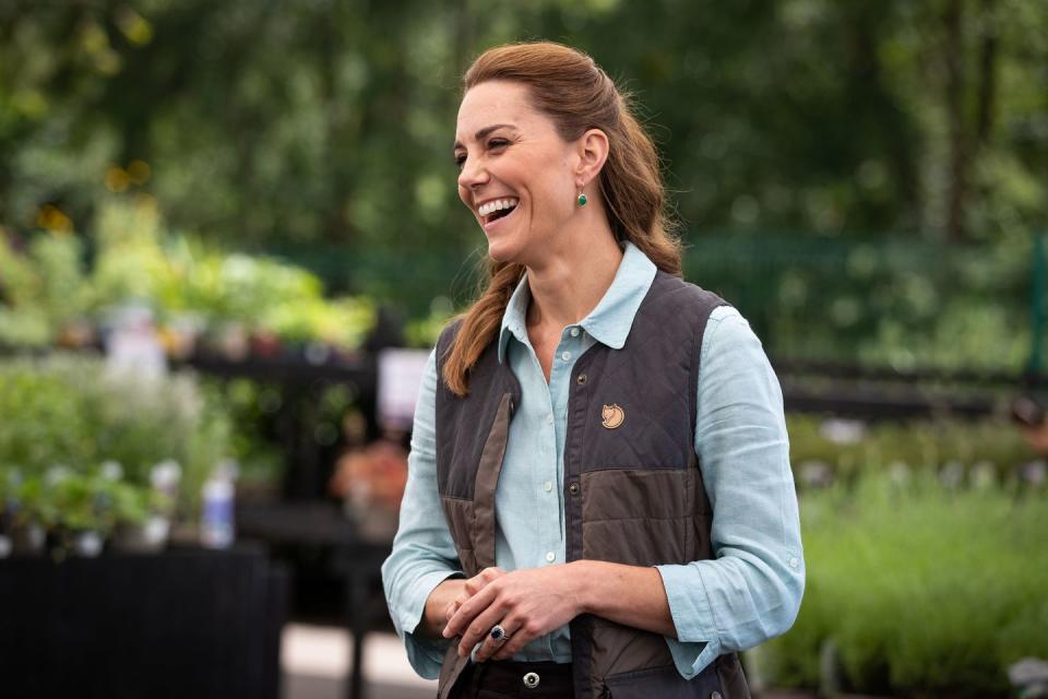 <p>A subtle switch from her usual all-down look, the half-up style is an essential in Kate's repertoire for informal events, like shopping for plants at Fakenham Garden Centre on June 18, 2020.</p>