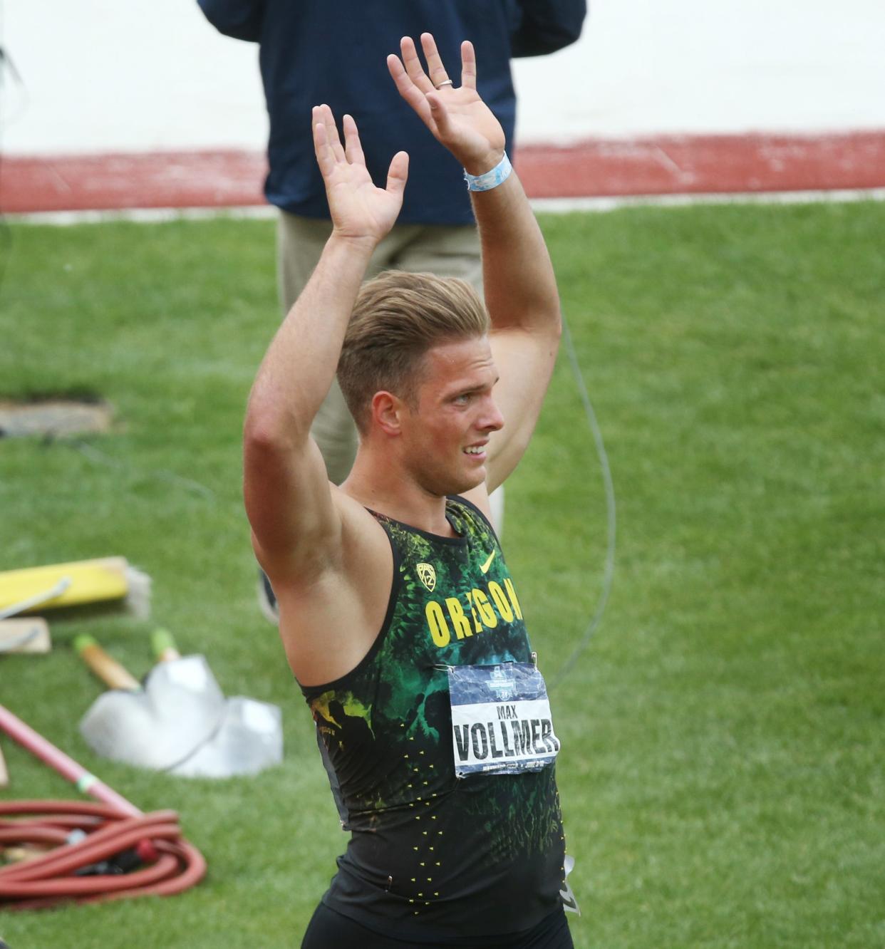 Oregon's Max Vollmer, seen here acknowledging the crowd at the NCAA Outdoor Track & Field Championships at Hayward Field last June, won the decathlon during the Bryan Clay Invitational Thursday.