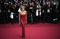 Sharon Stone poses for photographers upon arrival at the premiere of the film 'Elvis' at the 75th international film festival, Cannes, southern France, Wednesday, May 25, 2022. (AP Photo/Daniel Cole)