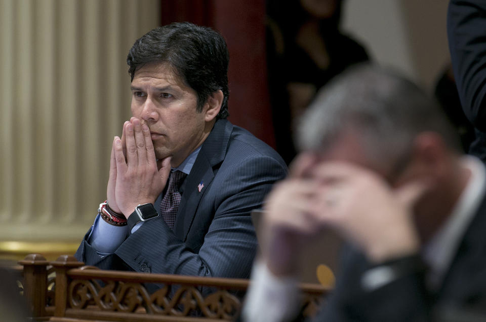 FILE - Senate President Pro Tem Kevin de Leon, D-Los Angeles, gestures on April 20, 2017, in Sacramento, Calif. Two months after becoming entangled in a racism scandal that shook public trust in Los Angeles government, the disgraced City Councilman has refused calls to resign and is attempting to rehabilitate his reputation as he faces a politically uncertain future. (AP Photo/Rich Pedroncelli, File)