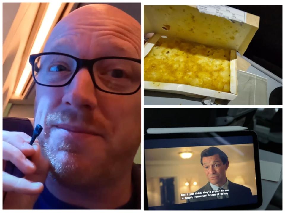Left, a man. Top right, mac and cheese. Bottom right, netflix.