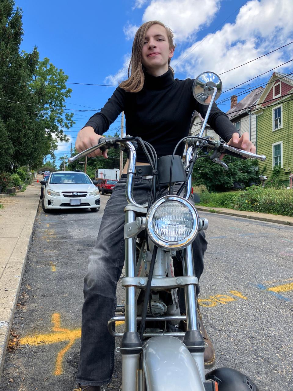 Hyacinth Cox gets around Staunton on her 1978 Vespa Grande. The moped is extremely fuel efficient, averaging  120 miles to the gallon per Cox.