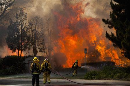 Firefighters battle the so-called Poinsettia Fire in Carlsbad, California May 14, 2014. REUTERS/Sam Hodgson