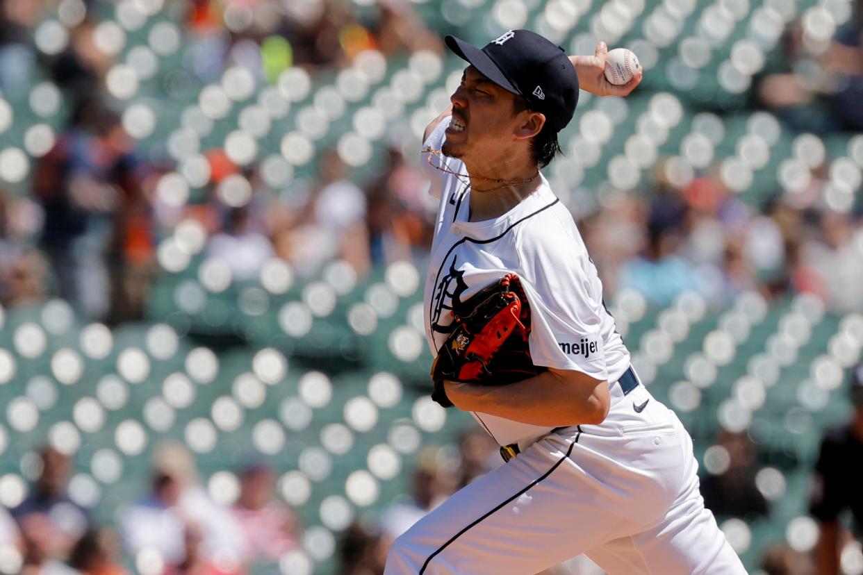 Detroit Tigers starting pitcher Kenta Maeda (18) pitches in the first inning against the St. Louis Cardinals at Comerica Park in Detroit on Wednesday, May 1, 2024.