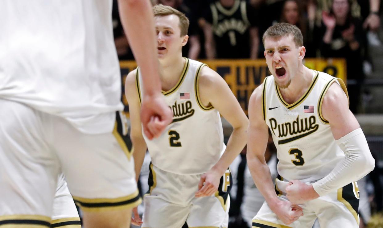 Purdue Boilermakers guard Braden Smith (3) reacts after a Purdue Boilermakers basket during the NCAA men’s basketball game against the Northwestern Wildcats, Wednesday, Jan. 31, 2024, at Mackey Arena in West Lafayette, Ind. Purdue Boilermakers 105-96.