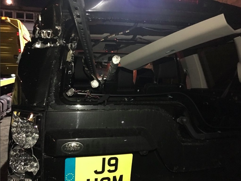 The poles smashed through the rear window of the Land Rover, missing the driver’s head by just centimetres. Image: Twitter/Ceri Holmes