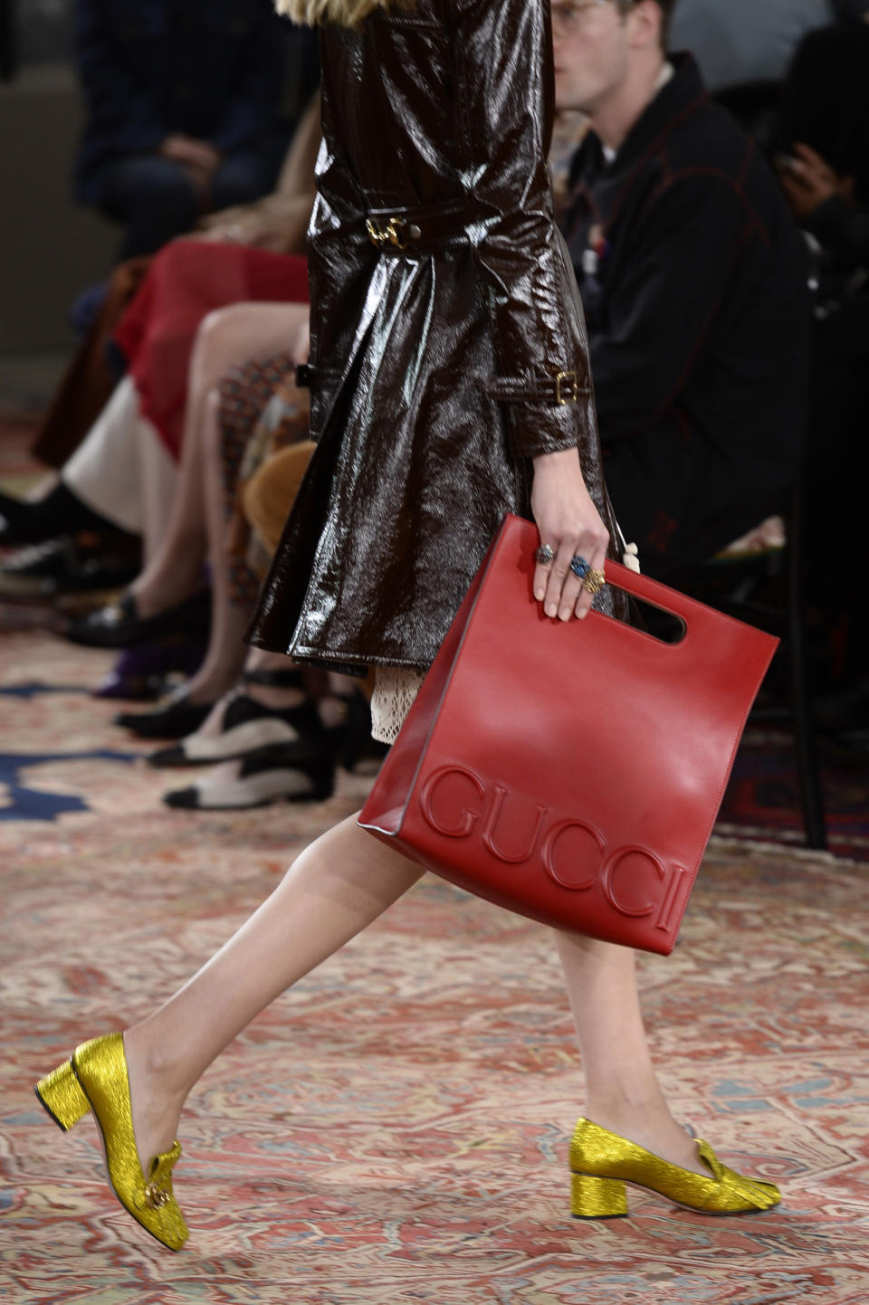 A red back and glittery loafers from the Gucci Resort collection.