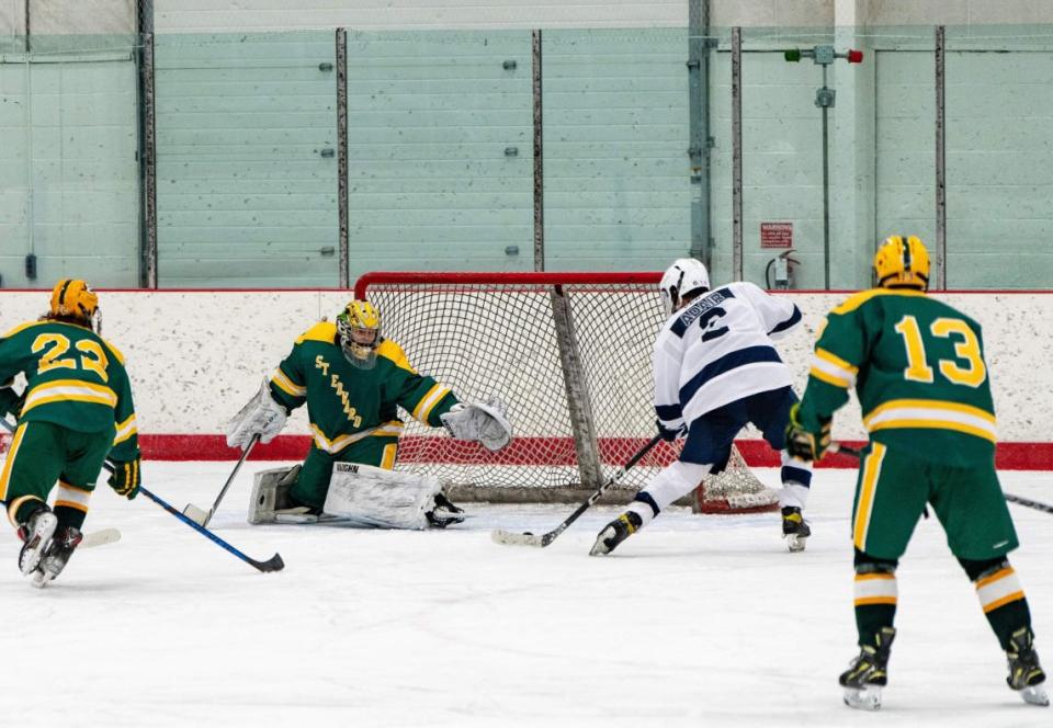 Sault High forward Ethan Adair scores the game-winning goal with 14.2 seconds left in Friday night’s 4-3 win over St Edwards Catholic at The Big Bear Arena