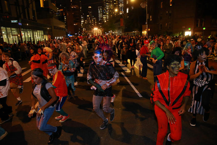 <p>Revelers perform “Thriller” during the Greenwich Village Halloween Parade in New York, Oct. 31, 2018. (Gordon Donovan/Yahoo News) </p>