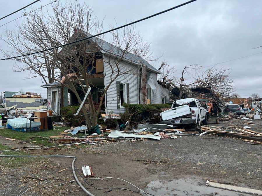 Houses and businesses in the village of Lakeview have been damaged by a violent storm, and possible tornado, that moved through Logan County overnight on March 14, 2024. (NBC4 Photo/Eric Halperin)