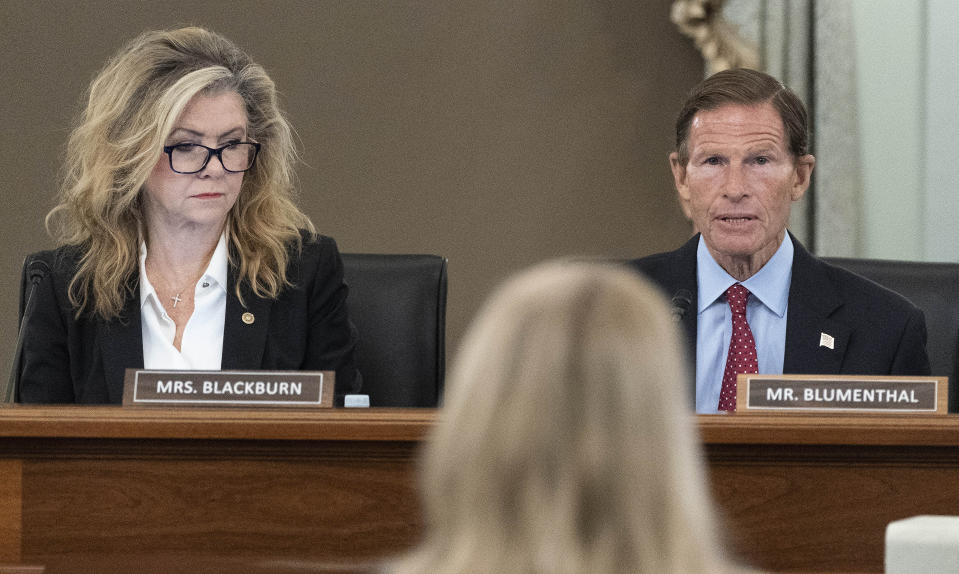 FILE - Sen. Marsha Blackburn, R-Tenn., left, and Sen. Richard Blumenthal, D-Conn., right speak during a hearing, Oct. 5, 2021, in Washington. The two U.S. senators are asking TikTok to explain what they called “misleading or inaccurate” statements about how it stores and provides access to U.S. user data. In a letter sent Tuesday, June 6, 2023 to TikTok CEO Shou Zi Chew, U.S. Sens Richard Blumenthal and Marsha Blackburn cited recent news reports from Forbes and The New York Times that raised questions about how the company some handles sensitive U.S. user information. (AP Photo/Alex Brandon, File)