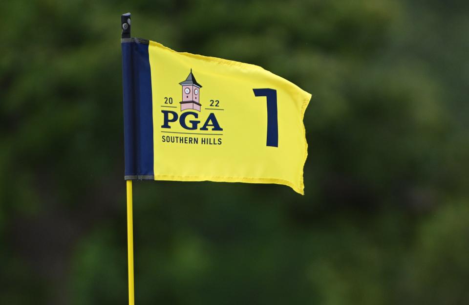 A flag on the first green at the PGA Championship at Southern Hills Country Club.