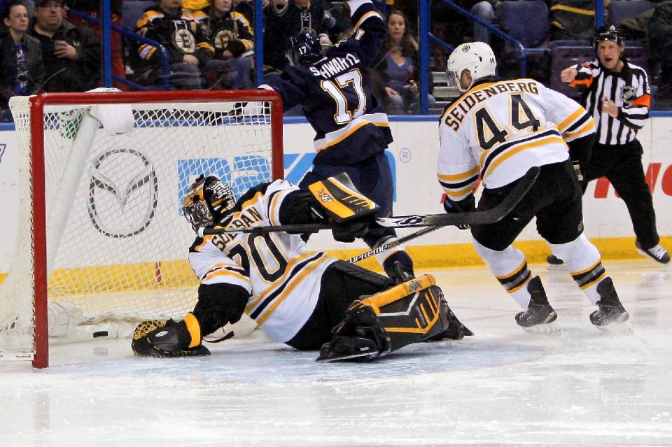 Boston Bruins goalie Malcolm Subban is unable to stop the puck on a shot by St. Louis Blues&#39; Petteri Lindbohm (not pictured), of Finland, during the second period of an NHL hockey game Friday, Feb. 20, 2015, in St. Louis. (AP Photo/Scott Kane)