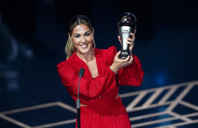 Mary Earps on stage after receiving the award for The Best Women’s Goalkeeper