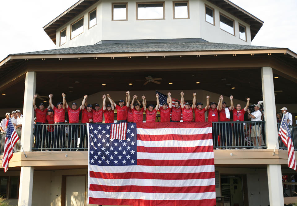 FILE - Members of the USA team celebrate from the clubhouse after winning the Ryder Cup golf tournament at the Valhalla Golf Club, in Louisville, Ky., Sunday, Sept. 21, 2008. Valhalla hosts the PGA Championship on May 16-19, 2024. (AP Photo/Morry Gash, File)