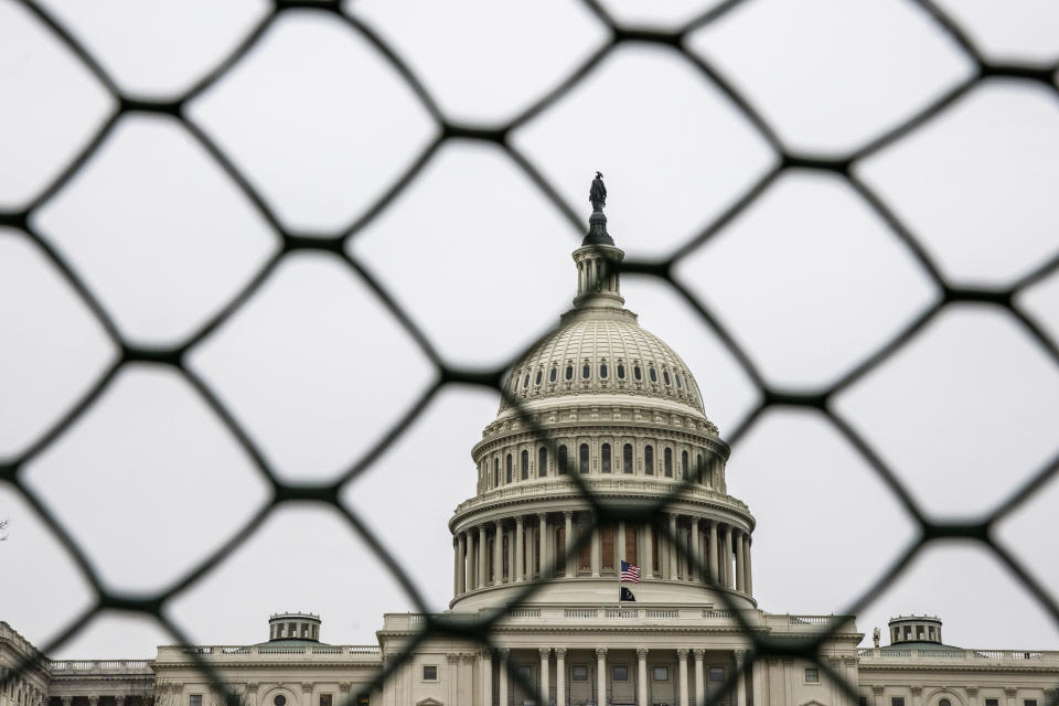 WASHINGTON, DC - FEBRUARY 13: National Gaurd members patrol the US Capitol on February 13, 2021 in Washington, DC. House impeachment managers will make the case that Trump was singularly responsible for the January 6th attack at the U.S. Capitol and he should be convicted and barred from ever holding public office again. (Photo by Tasos Katopodis/Getty Images)