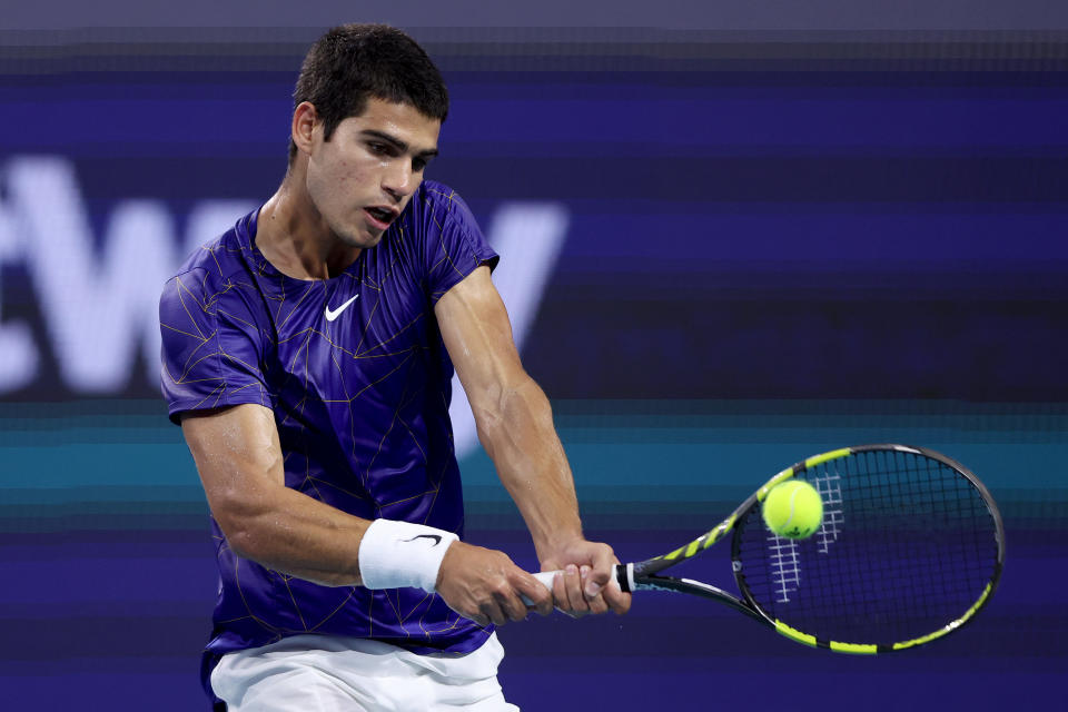 Carlos Alcaraz, pictured here in action against Hubert Hurkacz at the Miami Open.