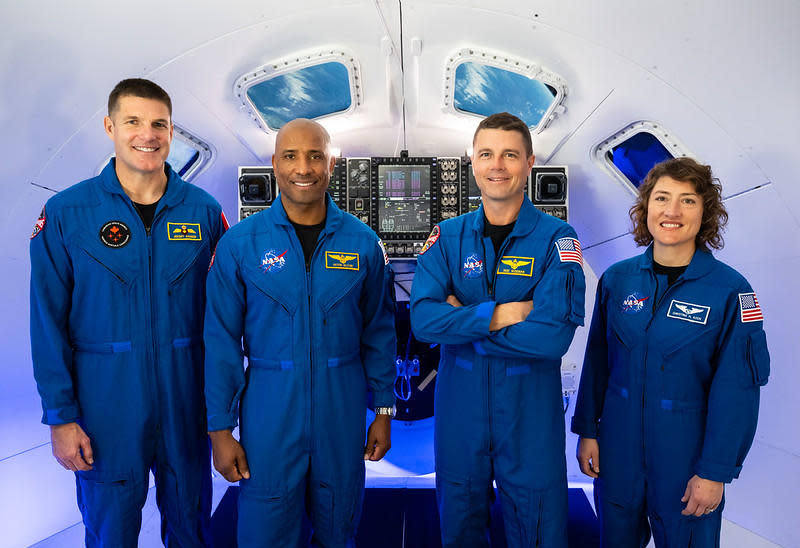 NASA's Artemis II crew in an Orion spacecraft cockpit simulator at the Johnson Space Center. Left to right: Jeremy Hansen, Victor Glover, commander Reid Wiseman and Christina Koch. / Credit: James Blair - NASA - JSC