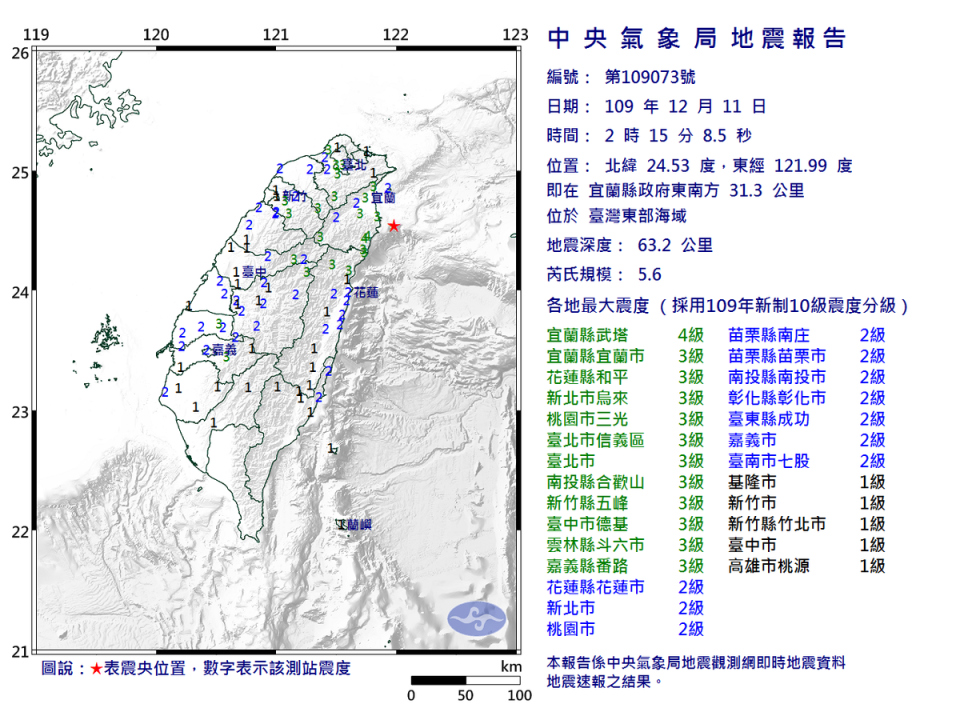 昨日發生一起幾乎全台有感地震。（翻攝自中央氣象局）