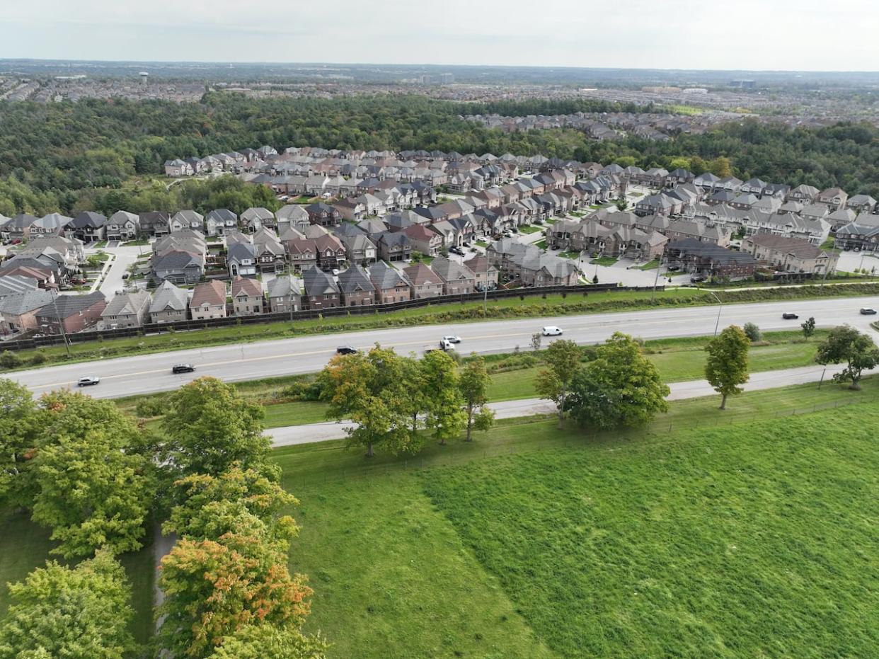 A drone image of an area that had been targeted for removal from the Greenbelt. This is Area 9 - Bathurst-King - east of Dufferin Street, south of Miller's Sideroad, and west of Bathurst Street, in King Township. (John Badcock/CBC - image credit)