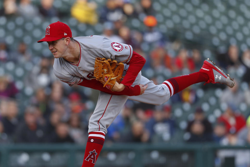 Los Angeles Angels pitcher Griffin Canning throws to a Detroit Tigers batter during the first inning of a baseball game in Detroit, Tuesday, May 7, 2019. (AP Photo/Paul Sancya)