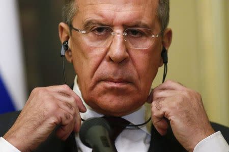 Russian Foreign Minister Sergei Lavrov attends a news conference after a meeting with his Greek counterpart Nikos Kotzias in Moscow, February 11, 2015. REUTERS/Maxim Zmeyev