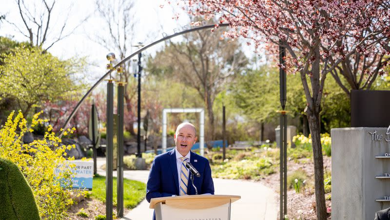 Gov. Spencer Cox speaks during a press conference at the Jordan Valley Water Conservancy District’s Conservation Garden Park in West Jordan on Monday, May 1, 2023. Officials announced a statewide water-wise landscaping incentive program to encourage residents to replace grass with water-efficient landscaping.
